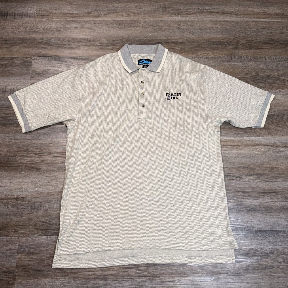 Tri-Mountain Polo Shirt Mens XL Gray-Beige Herringbone-Patterned Partin Oil Logo